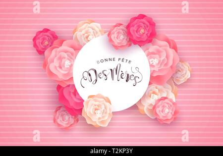 Muttertag Karte Abbildung für besondere Mom Urlaub in französischer Sprache. Schöner Frühling rosa Blüten auf rosa Hintergrund mit Papier unterschreiben zitieren. Stock Vektor
