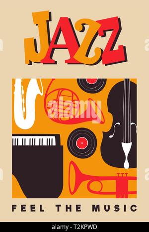 Jazz Tag Plakat Illustration für Musik Festival Event oder Konzert. Retro Hintergrund mit der Mitte des letzten Jahrhunderts Vintage Style Band Instrumente. Stock Vektor