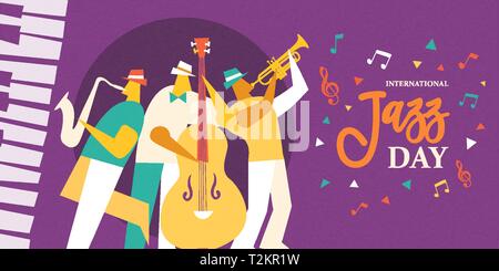 International Jazz Tag Abbildung: live Musik Band diverse Musical Instrument im Konzert oder Festival Veranstaltung. Stock Vektor