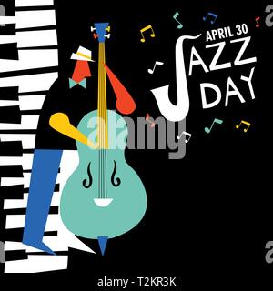 Jazz Tag Illustration für Musik feier Veranstaltung. Mann spielt Kontrabass mit Klavier-key-Hintergrund. Stock Vektor