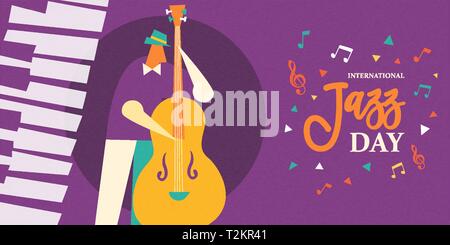 International Jazz Tag Abbildung: Mann spielt Kontrabass Musical Instrument im Konzert oder Festival Veranstaltung. Stock Vektor