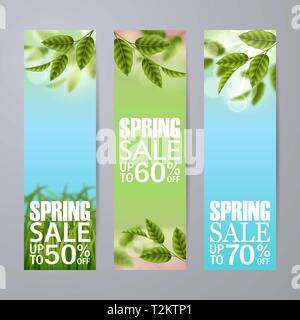 Der Vektor Frühling Verkauf vertikale Banner. Realistische Zweige grüne Blätter, Gras. Leere Vorlage, Vektor Mockup für Site Banner, Anzeigen, Broschüre, poste Stock Vektor