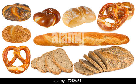 Set Sammlung von deutschen und französischen Backwaren Brot Brötchen Brezel baguette auf weißem Hintergrund Stockfoto