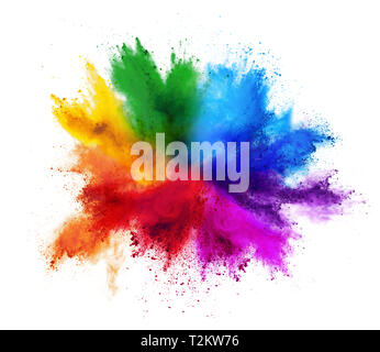 Bunte Regenbogen holi Farbe Farbe Pulver Explosion auf weißem Hintergrund Stockfoto