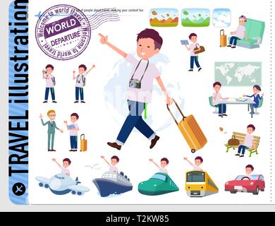 Eine Reihe von jungen Mann auf Reisen. Es gibt auch Fahrzeuge wie Boote und Flugzeuge. Es ist Vektor Kunst so ist es leicht zu bearbeiten. Stock Vektor