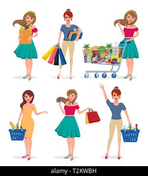 Weibliche shopping Vektor Zeichen gesetzt. Mädchen shopper Holding Einkaufstaschen, Supermarkt Lebensmittel und Einkaufswagen mit verschiedenen Stellen in Weiß isoliert. Stock Vektor
