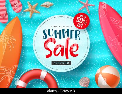 Summer Sale vektor Banner Design mit farbigen Elementen und Verkauf Text in Weiß und Blau Strand Hintergrund für Shopping Saisonale Rabatt Stock Vektor