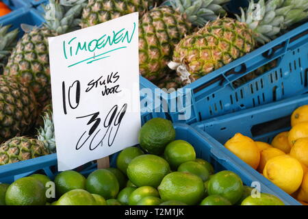 Limonen, Zitronen und Ananas zum Verkauf in blauen Kisten auf dem niederländischen Markt, Preis mit niederländischen Text sichtbar Stockfoto