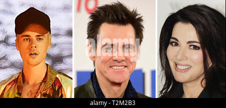 Von links nach rechts, Justin Bieber, Jim Carrey und Nigella Lawson. Stockfoto