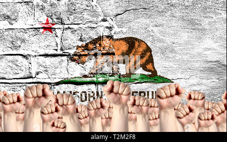 Männliche Hände umklammerten in der Faust, vor dem Hintergrund einer zerstörten Mauer mit einer Flagge Staat Kalifornien angehoben. Das Konzept des Arbeitsmarktes movem Stockfoto