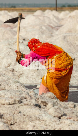 SAMBHAR, INDIEN - November 19, 2012: Indische Frau Arbeit mit Spitzhacke, mir ein salt lake Sambhar, Rajasthan, Indien. Stockfoto