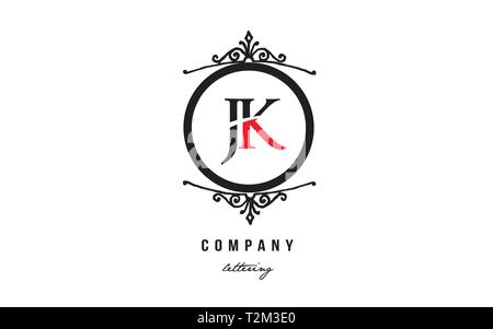 Design von Buchstaben logo Kombination JK J K mit rot schwarz weiß Farbe und dekorativen Kreis Monogramm, das als Logo taugt, für eine Firma oder busine Stock Vektor