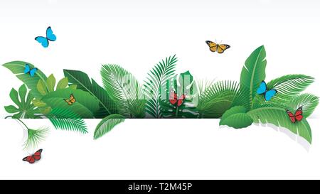 Schild mit Text Raum der Tropische Blätter und Schmetterlinge. Geeignet für Natur Konzept, Urlaub und Sommerurlaub. Vector Illustration Stock Vektor