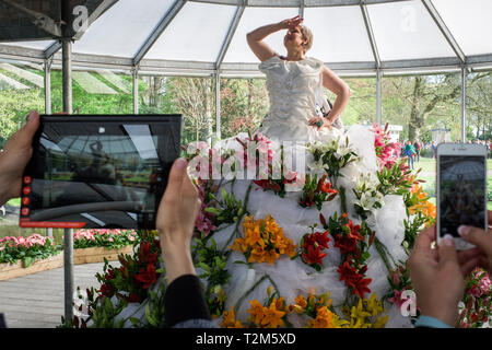 Eine Frau in einem Kleid-Form im Keukenhof Park fotografiert. Stockfoto