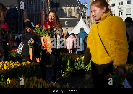 Teilnehmer an der Präsentation der Nationalen tulip Tag in Amsterdam stattfindet, nehmen Sie Blumensträuße mit den Tulpen während der Veranstaltung ausgestellt. Stockfoto