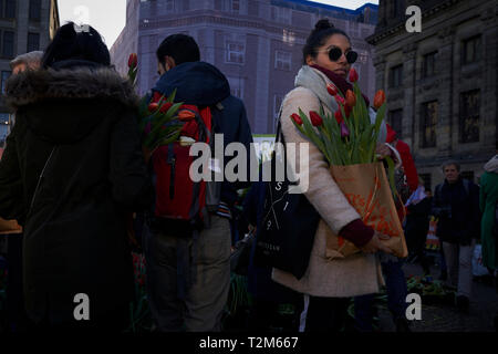 Teilnehmer an der Präsentation der Nationalen tulip Tag in Amsterdam stattfindet, nehmen Sie Blumensträuße mit den Tulpen während der Veranstaltung ausgestellt. Stockfoto