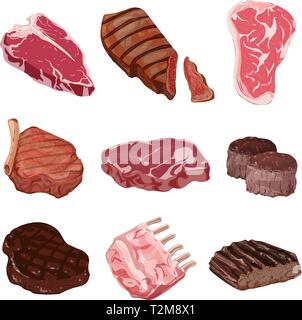 Steak-Icons set, cartoon-Stil Stock Vektor