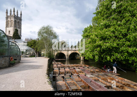 Besucher stochern auf dem Fluss Cherwell in der Nähe von Magdalen College und Glockenturm und Magdalen Bridge in Oxford, Großbritannien Stockfoto