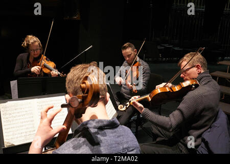 Ein Streichquartett in der Probe, in dem Sie zwei Geigen, eine Bratsche und ein Cello Stockfoto