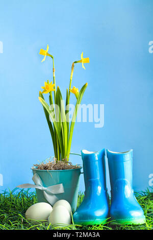 Natürliche Ostereier, Gummi regen Stiefeln und gelben Narzisse Blumen im Gras vor einem blauen Hintergrund mit Raum für Kopieren. Stockfoto