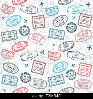 Nahtlose Reisepass Briefmarken vector Hintergrund - Travel stamp Muster (fiktive Briefmarken). Stock Vektor
