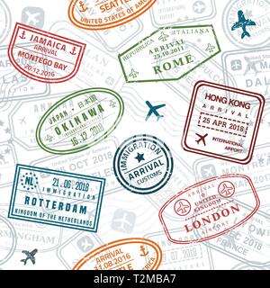 Wanderlust Hintergrund. Reisepass Briefmarken Vektor nahtlose Muster - Travel stamp Thema (fiktive Briefmarken). Stock Vektor
