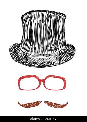 Hipster Objekte doodle-Brille, Hut und Schnurrbart Vector Illustration. Stock Vektor