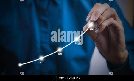 Geschäftsmann mit Bleistift Zeichnung Grafik line Jahr wachsenden Graph. Management Plan beschrieben, die der Organisation oder des Unternehmens und die Entwicklung von Leitlinien. Depi Stockfoto