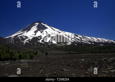 Blick über Feld von karger vulkanischer Lava Asche auf den Kegel von teilweise schneebedeckten Vulkan Llaima kontrastierenden Schwarz mit blauen wolkenlosen Himmel - Conguillio Stockfoto