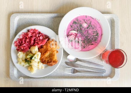 An der Bar Bambino, eine Milch bar in Warschau, Polen, Mittagessen: chlodnik, ein Glas von "Kompott" entfernt, und Schweineschnitzel mit Rotkohl und gebutterten Kartoffeln. Stockfoto