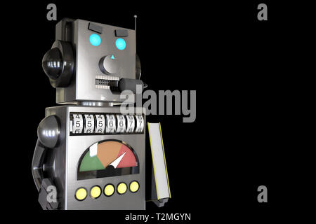 3D-Illustration: graues Metall Roboter in Kopfhörer mit Headset telefonieren Kunden mit lästige Werbung mit dem Buch in der Hand, Spambot, robocall Konzept Stockfoto