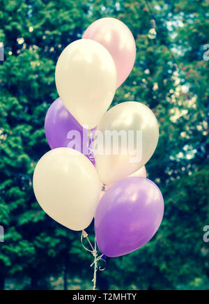 Lila und weißen Luftballons auf dem Hintergrund der Bäume im Park. Foto festliche Dekoration. Stockfoto