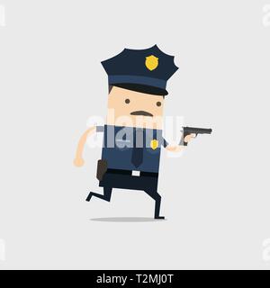 Die Polizei rannte mit einer Pistole in der Hand. Funny cop cartoon Charakter. Stock Vektor