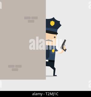 Polizei Besitz einer Waffe hinter der Wand. Polizei und Inspektor Cartoon. Stock Vektor