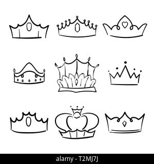 Doodle Crown Princess Collection. Einfache Krönung, eleganten Queen oder King Kronen Hand gezeichnet. Stock Vektor