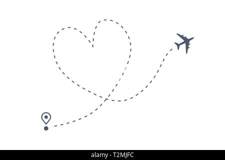 Flugzeug Linie weg, Liebe Reiseroute. Flugzeug Flug Route mit Start- und gestrichelte Linie verfolgen. Stock Vektor