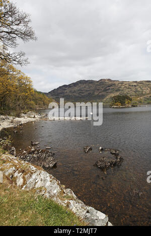 Angler auf der felsigen Küstenlinie von Loch Lomond mit Laub- und Nadelholz Wald auf den fernen Hügel Loch Lomond und der Trossachs National Park Sc Stockfoto