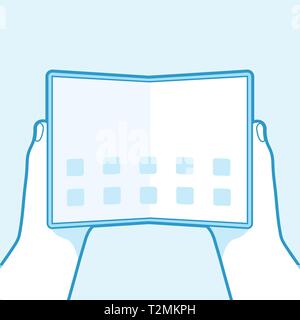 Hand klappbaren Bildschirm smart phone Übersicht Symbol auf blauem Hintergrund isoliert. Stock Vektor