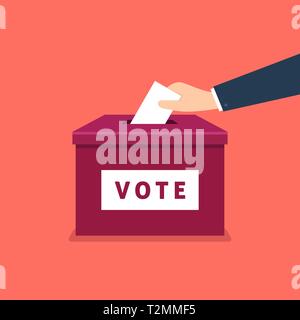 Geschäftsmann hand Wahlschein in die Wahlurne. Abstimmung Konzept im flachen Stil. Stock Vektor