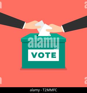 Geschäftsmann hand Wahlschein in die Wahlurne. Abstimmung Konzept im flachen Stil. Stock Vektor