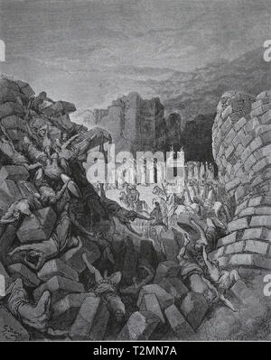 Israel zerstörten Mauer von Jericho zu Fuß um es mit der Lade des Bundes. Bibel. Gravur G. Dore, 1866 Stockfoto