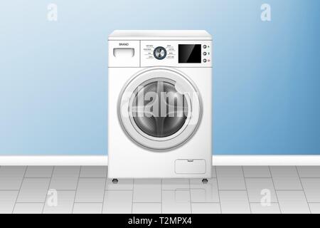 Realistische Waschmaschine in leerer Waschküche. Weiße Unterlegscheibe, Vorderansicht. Moderne Haushaltsgeräte. vektor-Illustration Stock Vektor