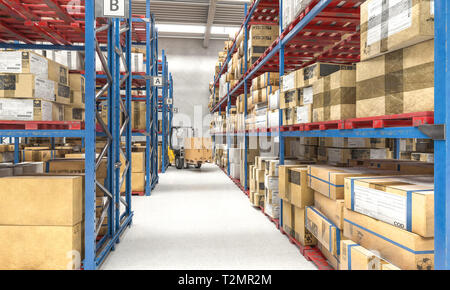 Gabelstapler bei der Arbeit in einem Lager voll von Paletten und Pakete, Sortierung Logistikzentrum. 3D-Render Bild. Stockfoto