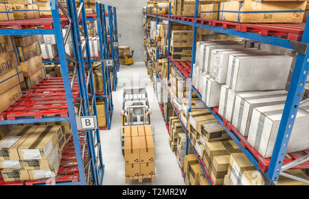 Gabelstapler bei der Arbeit in einem Lager voll von Paletten und Pakete, Sortierung Logistikzentrum. 3D-Render Bild. Stockfoto