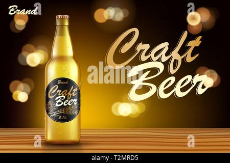 Craft Beer Werbedesign. Realistisches Malzbier auf Holztisch mit Retro-goldenem Hintergrund. Vektor-3d-Illustration Stock Vektor