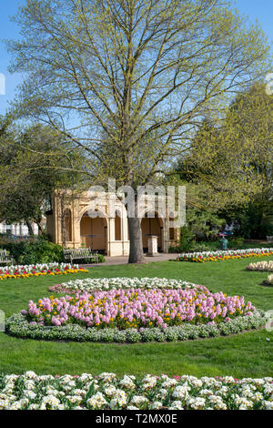 Bunte Blumenbeete im jephson Gärten im Frühjahr. Leamington Spa, Warwickshire, England Stockfoto