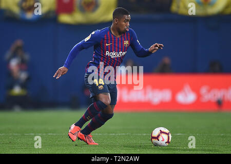 VILLARREAL, 02-04-2019. LaLiga 2018 / 2019 Datum 30. Villarreal-Barcelona. Malcom Filipe des FC Barcelona während des Spiels V Illarreal-Barcelona Stockfoto