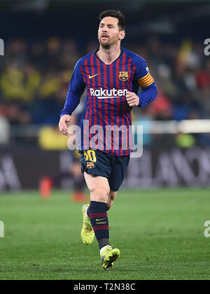 VILLARREAL, 02-04-2019. LaLiga 2018 / 2019 Datum 30. Villarreal-Barcelona. Lionel Messi vom FC Barcelona während des Spiels V Illarreal-Barcelona Stockfoto