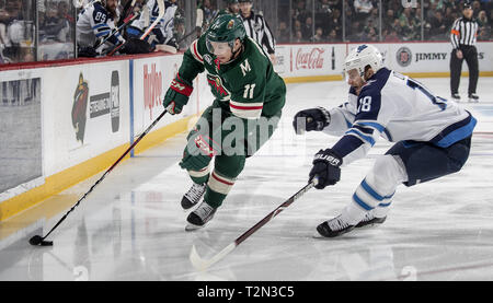St. Paul, MN, USA. 2 Apr, 2019. Zach Parise (11) und Bryan Wenig (18) für den Kobold in der ersten Periode kämpften. .] CARLOS GONZALEZ Â ¥ Cgonzalez@startribune.com à St. Paul, MN À April 2, 2019, Xcel Energy Center, NHL, Hockey, Minnesota Wild vs Winnipeg Jets Credit: Carlos Gonzalez/Minneapolis Star Tribune/ZUMA Draht/Alamy leben Nachrichten Stockfoto