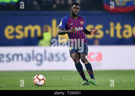 VILLARREAL, 02-04-2019. LaLiga 2018 / 2019 Datum 30. Villarreal-Barcelona. Samuel Umtiti des FC Barcelona während des Spiels V Illarreal-Barcelona Stockfoto
